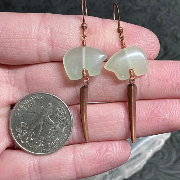 Green New Jade Serpentine Zuni Bear and Copper Dagger Dangly Earrings - Picture 4 of 7